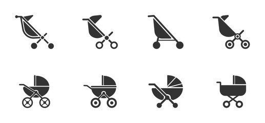 Set of baby stroller icons. Buggy carriage. Baby carriage, pram, stroller symbols. Pram icon, Baby carriage line and glyph icons, stroller, carriage vector icons on white background. Vector