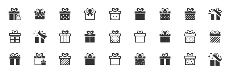 Gift box icons set. Surprise package. Surprise gift boxes collection. Collection of gift boxes with ribbon. Christmas gift icon illustration. Style of lines and silhouettes. Vector illustration.