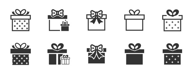 Gift box icons set. Surprise package. Surprise gift boxes collection. Collection of gift boxes with ribbon. Christmas gift icon illustration. Style of lines and silhouettes. Vector illustration.