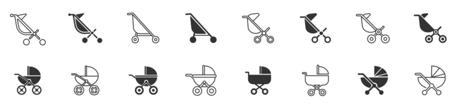 Set of baby stroller icons. Buggy carriage. Baby carriage, pram, stroller symbols. Pram icon, Baby carriage line and glyph icons, stroller, carriage vector icons on white background. Vector