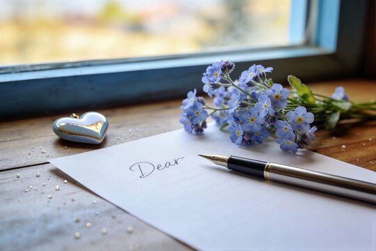 Elegant fountain pen rests on a blank white sheet of paper starting with Dear accompanied by blue forget-me-not flowers and a heart charm.