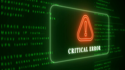 Neon green digital screen displays critical error warning with red exclamation mark and code image