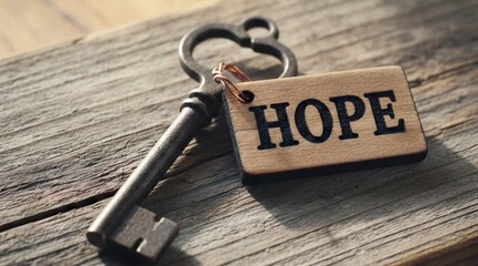 Antique Skeleton Key with Wooden Tag Engraved with Hope on Rustic Wood Background