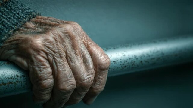 Elderly person's hand gripping a metal rail in a dimly lit space highlighting age and resilience