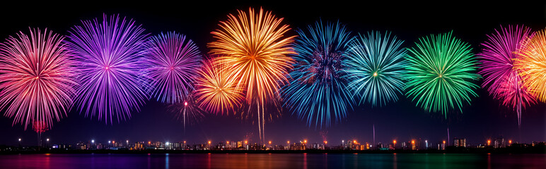 Stunning colorful fireworks exploding in the night sky with bright sparkles and vibrant trails. Perfect for festive designs, New Year celebrations, parties, and holiday backgrounds.