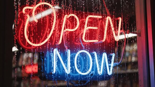 A glowing red and blue neon OPEN NOW sign shines through a rain-streaked window, casting a warm, inviting glow on a wet, atmospheric night.
