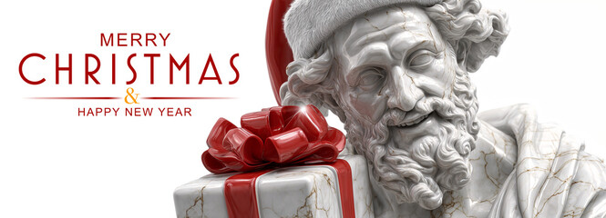 Merry Christmas and Happy New Year. A White Marble Bust of a Smiling Santa Claus with Beard and Santa Hat Holding a Marble Gift Box with a Red Bow on White Background with Copy space. Generative Ai.