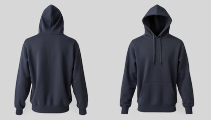 Dark Blue Hoodie Mockup Front and Back View On Plain Background Apparel Display For Product Presentation Clothing Template Professional Studio