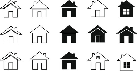 Fototapeta premium PrintSet of fifteen diverse black and white home icons vector, featuring different house outline and filled styles for user interface design and website navigation menus.