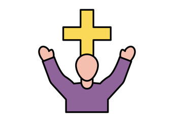 Obraz premium Icono de sacerdote cristiano adorando con brazos levantados frente a una cruz religiosa