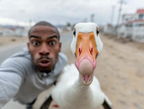 Man takes funny selfie with a surprised duck in an urban setting amidst cloudy weather