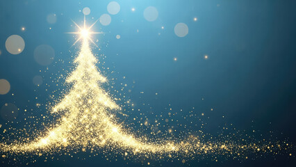Golden christmas tree shining brightly on blue background