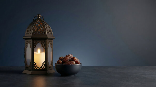 Illuminated lantern beside bowl of dates