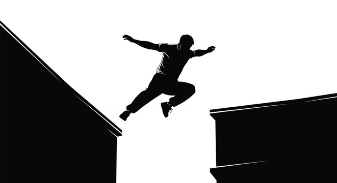 Silhouette of a man performing a daring parkour jump between two high urban structures at night