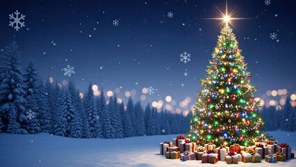 Christmas tree with gifts in snowy landscape at night