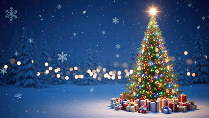 Christmas tree with gifts in a snowy landscape under the night sky