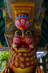 Animalistic elements of the brightly decorated facade of Sri Maha Mariamman Temple in Bangkok, Thailand
