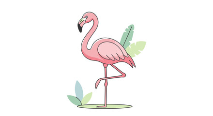 Cute and Minimalistic Illustration of a Pink Flamingo Standing on One Leg Amid Green Foliage