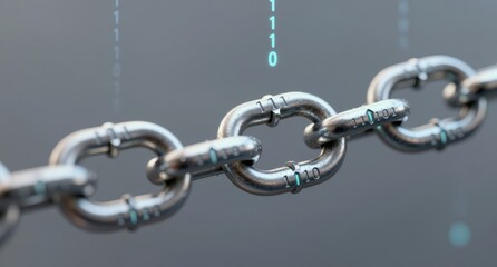Blockchain Concept Metal Chain Linked with Binary Code Overlay