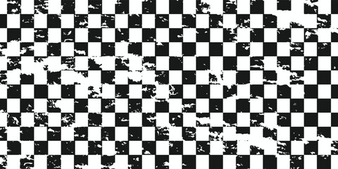Fototapeta premium Trippy checkerboard background. Retro psychedelic checkered wallpaper. Wavy groovy chessboard surface. Distorted geometric grid chess pattern. Abstract black and white race flag backdrop. Vector