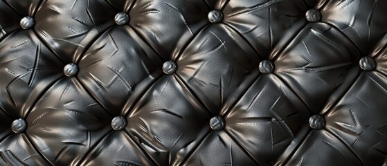 Fototapeta premium High-resolution close-up of luxurious black tufted leather with a diamond quilted pattern, showcasing a glossy finish and soft padded texture ideal for furniture or fashion design.
