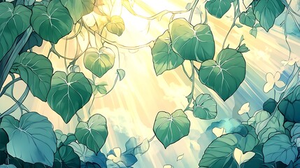 Sunlit Green Vines, Lush Foliage, Sunlight Through Leaves