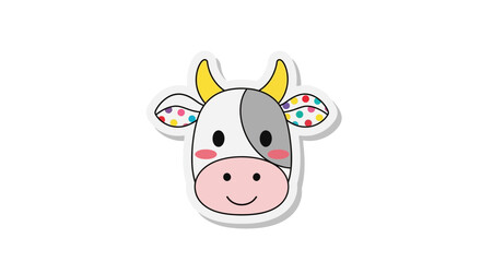 Cute cartoon cow face with colorful ears and yellow horns on a plain background