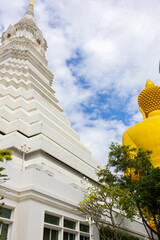 View of Wat Paknam Bhasicharoen temple with golden Buddha in Bangkok, Thailand, wide angle view from a tourist boat on the river