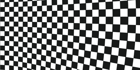 Trippy checkerboard background. Retro psychedelic checkered wallpaper. Wavy groovy chessboard surface. Distorted geometric grid chess pattern. Abstract black and white race. Vector