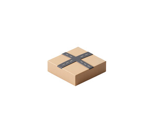 3D Isometric Cardboard Delivery Box with Road Markings