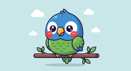 Adorable cartoon blue and green bird sitting on a branch with a light blue sky background