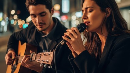 Woman singing into microphone with eyes closed while man plays acoustic guitar. Performers on street at night. Live music concert in city.