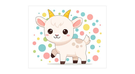 Adorable cartoon goat with big eyes and cute horns surrounded by colorful polka dots for children