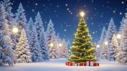 Christmas tree in snowy forest with gifts underneath