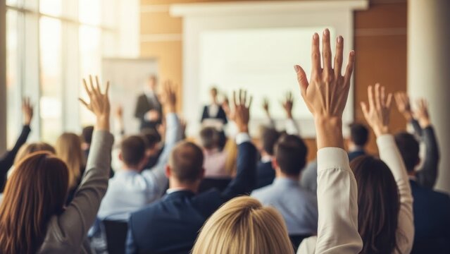 Business people raising hands during seminar. Group of conference attendees asking question or voting in lecture. Education meeting concept.