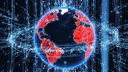 Futuristic digital globe with glowing red continents, surrounded by a network of blue data streams and circuit lines, symbolizing global connectivity. - Powered by Adobe