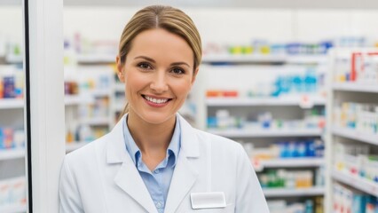 Woman pharmacist smiling in a pharmacy. Healthcare professional in medical retail store standing cheerful. Pharmaceutical concept for advertising.