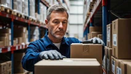 Obraz premium Male warehouse worker moving cardboard box on shelf in distribution center. Logistics and supply chain concept for business operation.