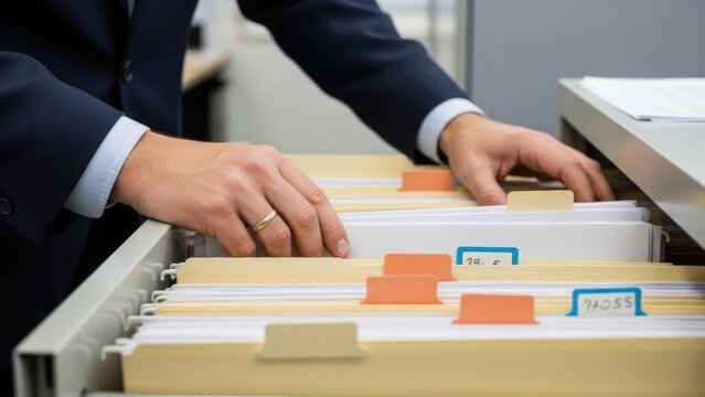 Man searching for document in filing cabinet drawer. Office worker organizing record for business archive. Files manager at work.