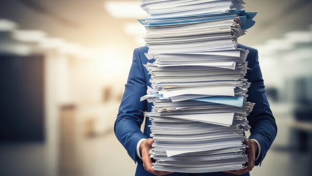 Businessman carrying a tall stack of paper documents and folders representing heavy workload, bureaucracy, and document management.