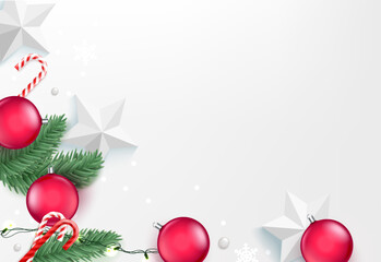 Christmas greeting card with red baubles. 3d vector illustration