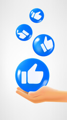 Hand catching thumbs up icon. 3d vector illustration