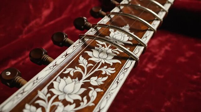 Close-up Detailed View of a Sitar Neck with Intricate Floral Inlay on a Rich Red Velvet Background Showing Tuning Pegs and Strings