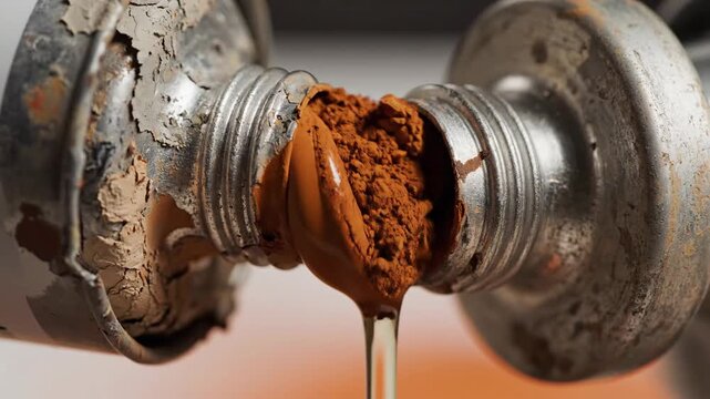 Close Up Macro Shot Of Thick Golden Oil Dripping From Two Old Metal Paint Tubes With Rusty Chipped Paint And Detailed Textures Against A Softly Blurred Warm Orange Background With Subtle Lighting