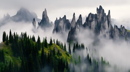 Misty Mountain Peaks and Evergreen Forest