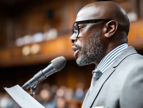 Speaker discusses key policies during a parliamentary session in the government chamber of a major city