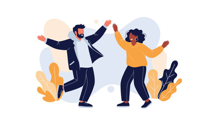 Happy and energetic multiracial couple dancing and celebrating together, surrounded by abstract leaves and background shapes.
