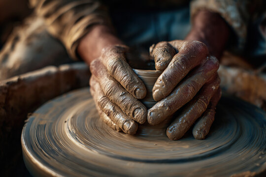 close up of potter hands shaping wet clay on spinning pottery wheel