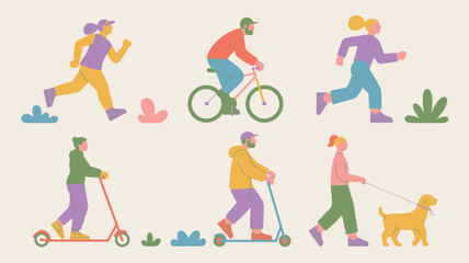Fototapeta premium Six individuals involved in various outdoor activities like running, cycling, scootering, and dog walking in a park setting