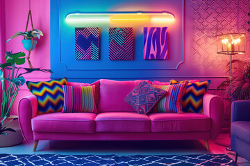 eclectic vibrant living room interior with pink sofa and neon lighting accents